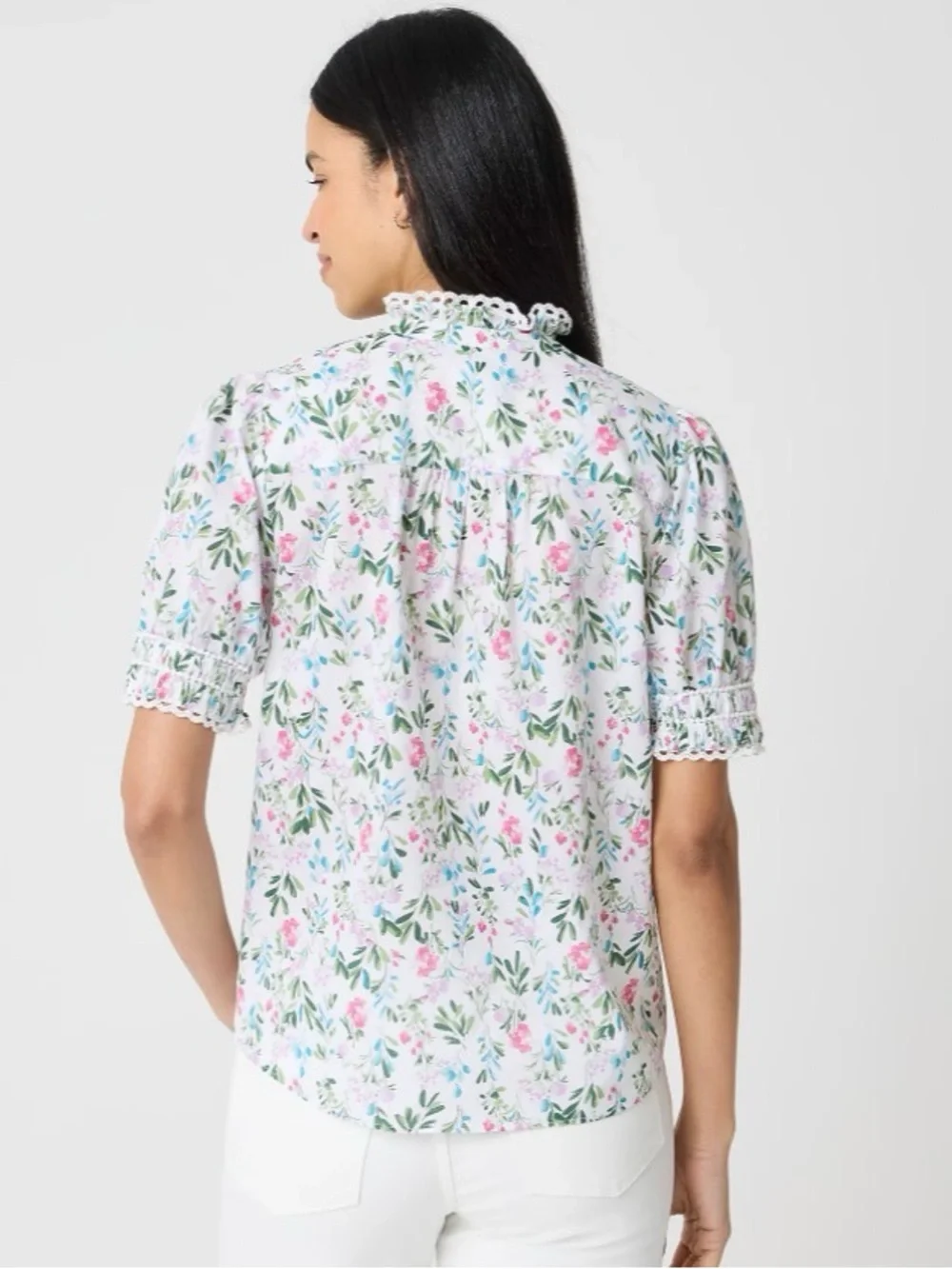J. Crew White Floral Smocked Yoke Puff Sleeve Blouse